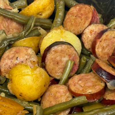 Sausage, Potatoes, and green beans in creole seasoning